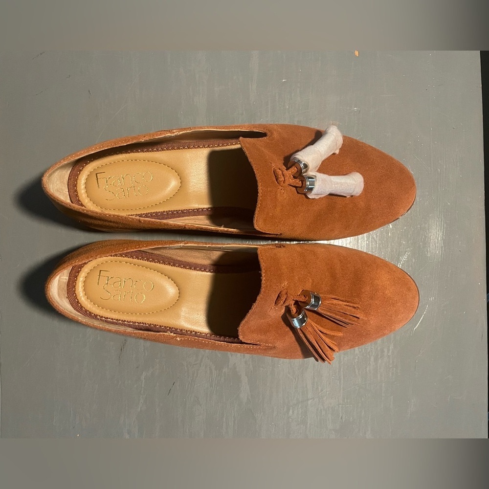 Franco Sarto chestnut suede tassle loafers.